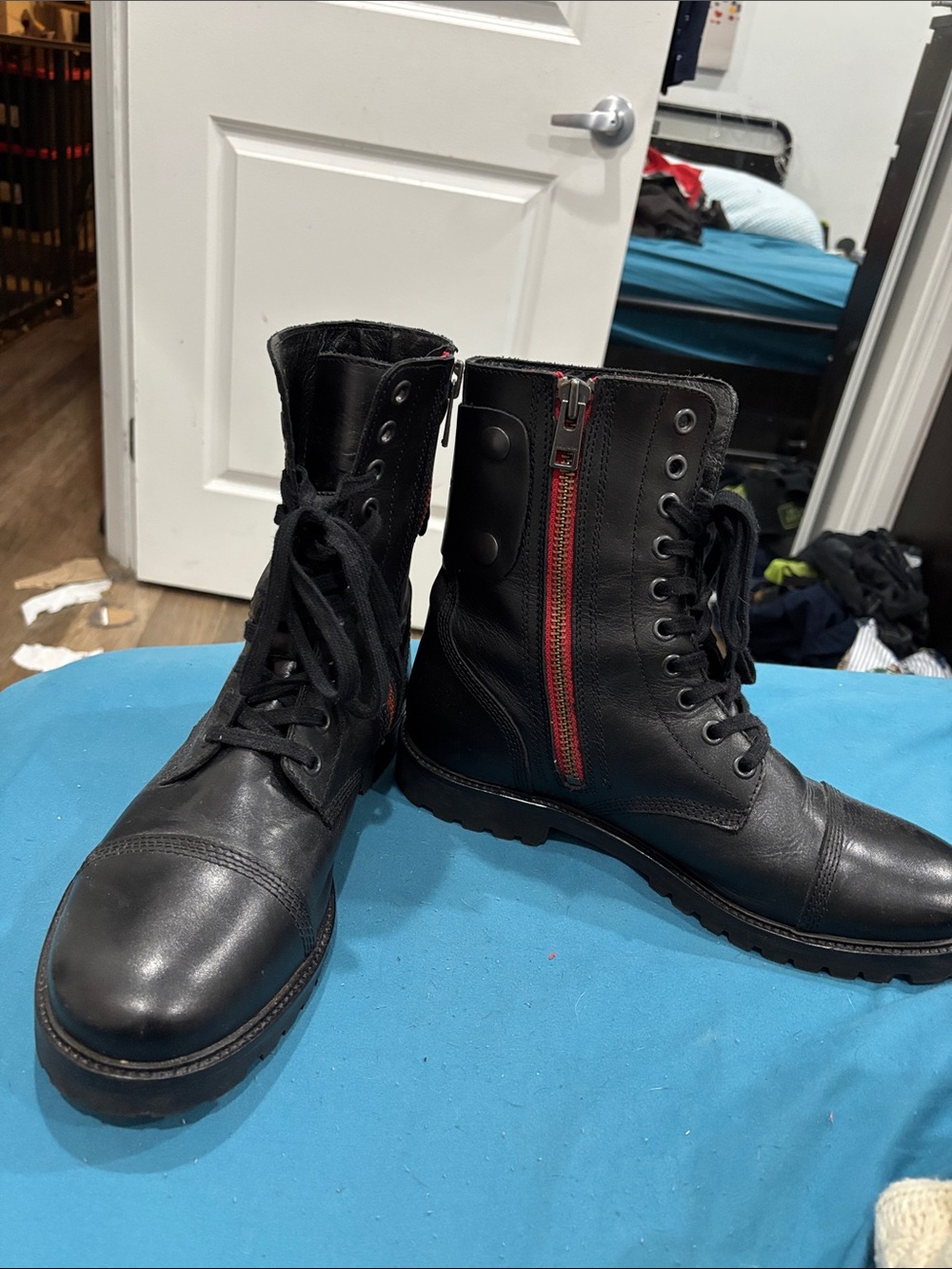 Zadig & Voltaire Black Leather Lace-Up Combat Boots with Red Zip